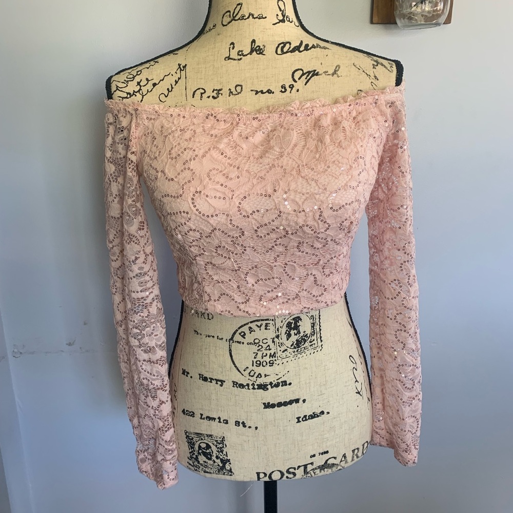B Darlin Pink Laced Cropped Blouse romantic coquette dreamy fantasy fairy‎